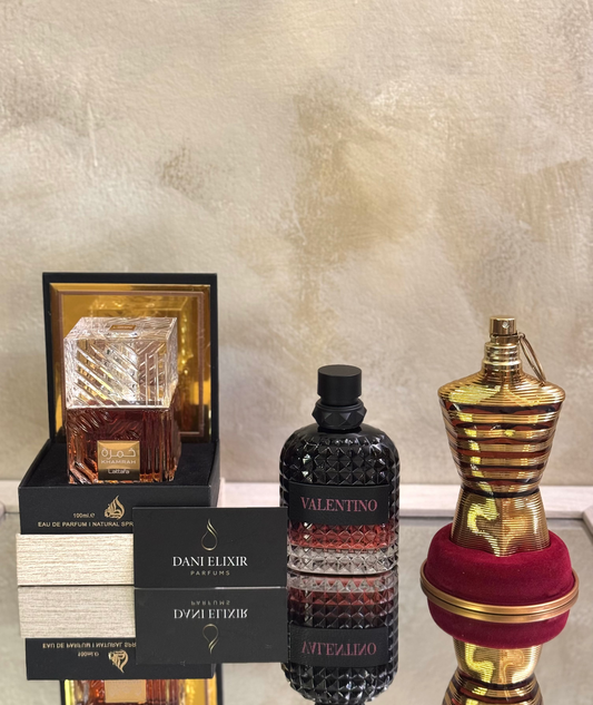 3 Perfumes + Obsequio (Lattafa Khamrah - Valentino Intense - Le Male Elixir + Perfumero)