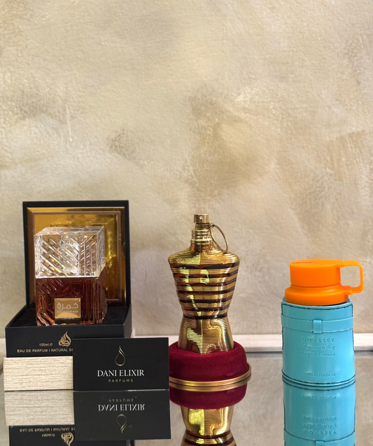 3 Perfumes + Obsequio (Lattafa Khamrah - Le Male Elixir - Mandarin Sky + Perfumero)