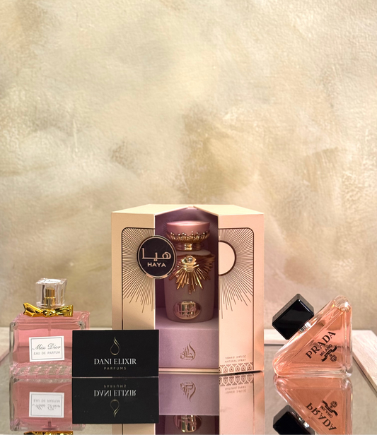 3x1 Perfumes Premium + Obsequio (Lattafa Haya - Miss Dior - Prada Paradoxe + Perfumero)